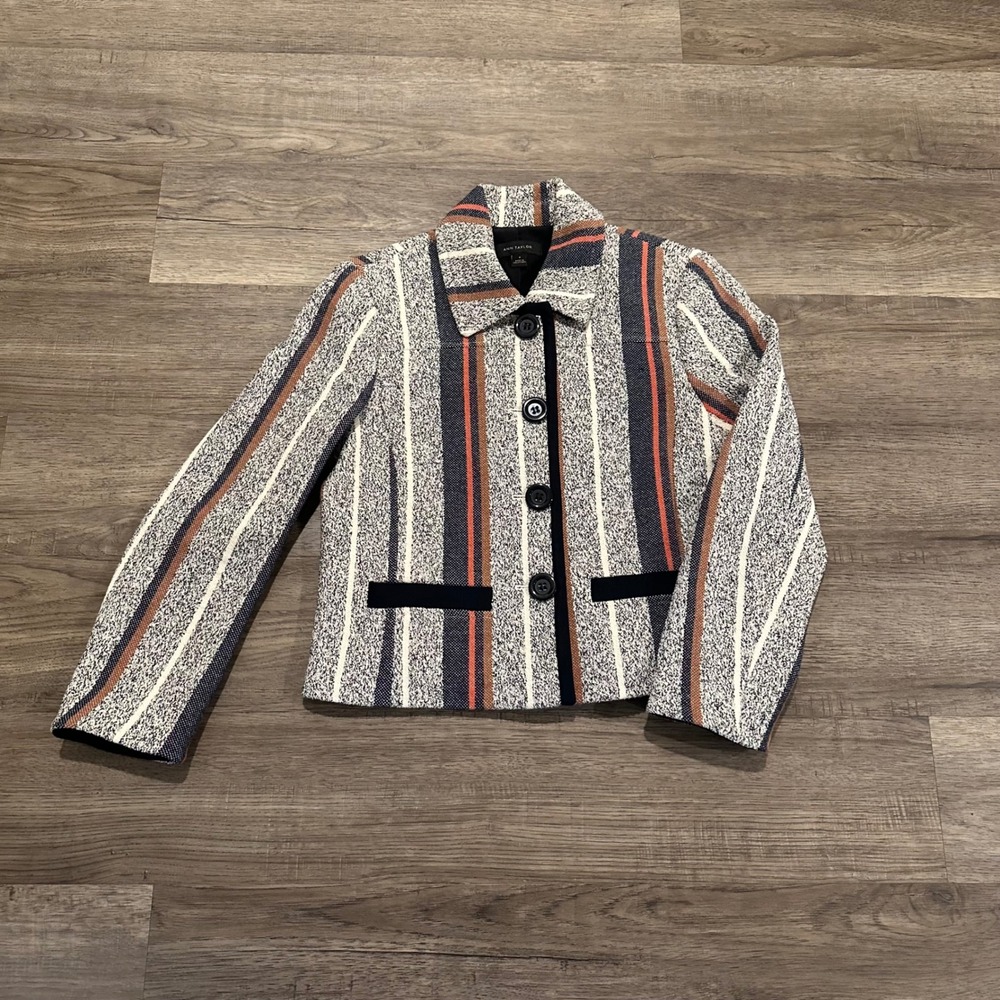 Ann Taylor Striped Tweed Moto Jacket Button Front Structured Blazer Size 4